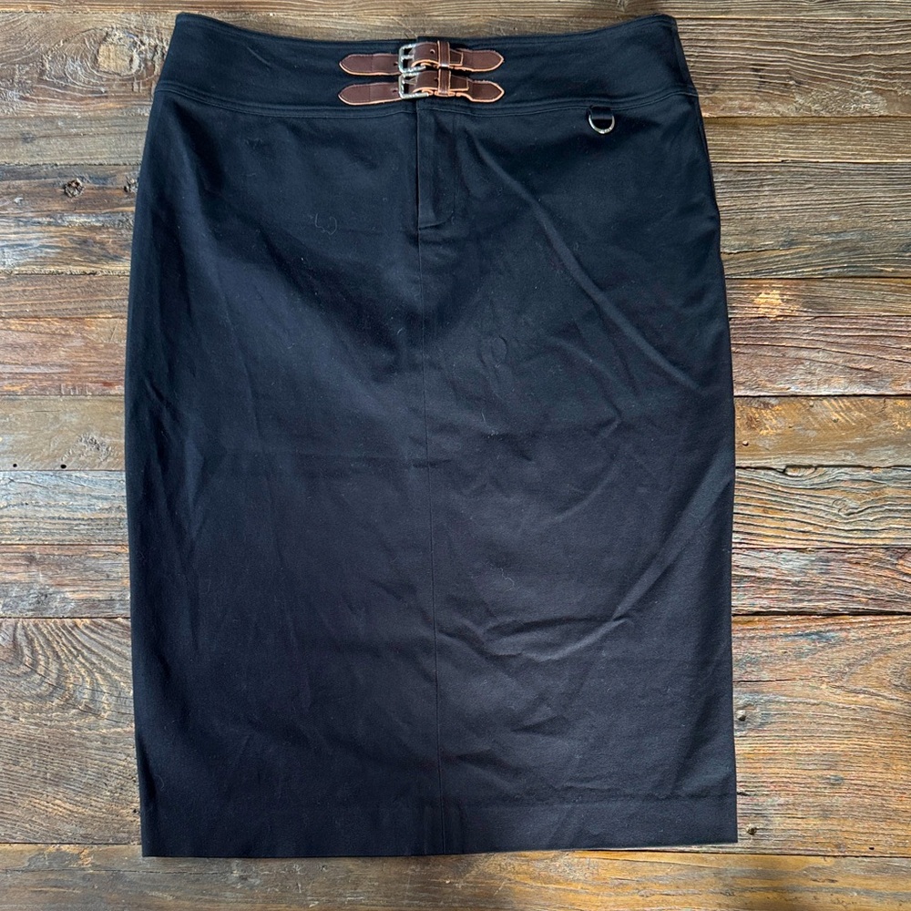 Ralph Lauren black‎ stretch cotton midi pencil skirt leather buckles NWOT 10